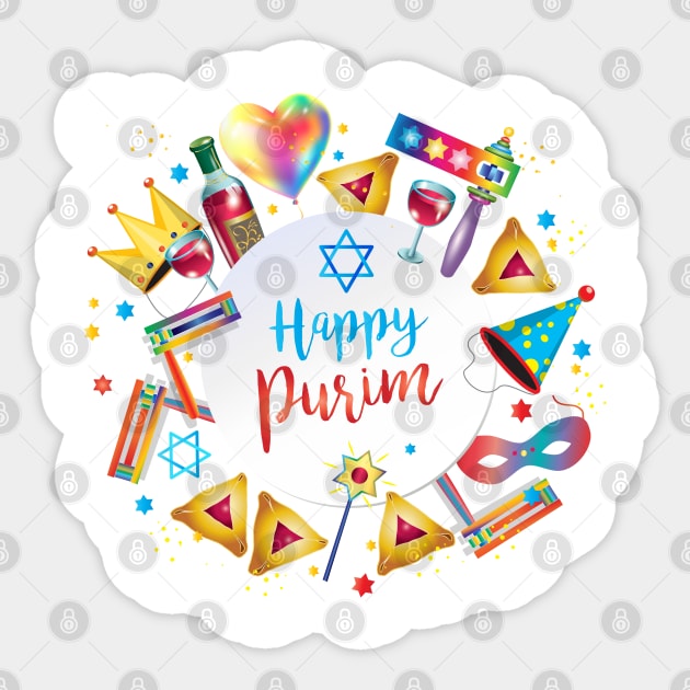 Happy Purim Kids Party Gifts Decoration Jewish Holiday Traditional symbols. Hamantaschen cookies, gragger toy noisemaker, clowns, balloons, masks, stars of David. Carnival. Sticker by sofiartmedia